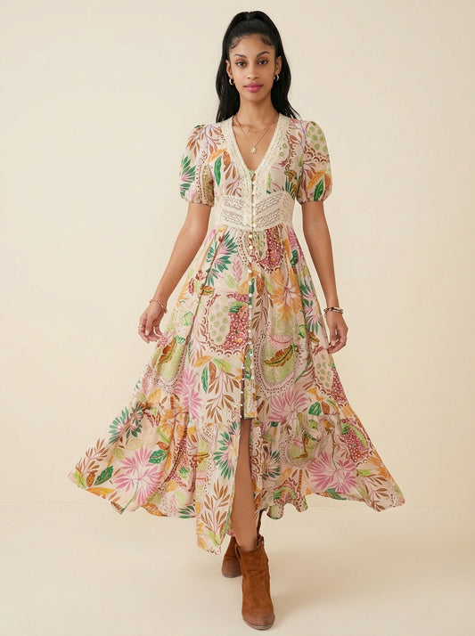 Lace Trim Floral Print Puff Sleeve Dress & Duster