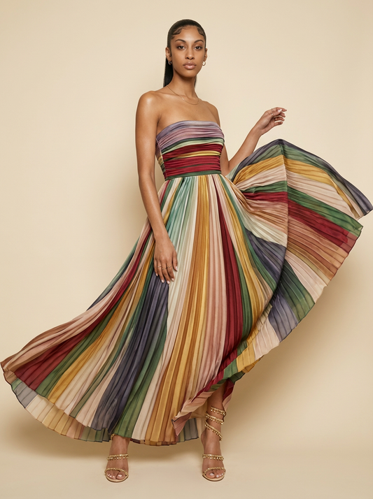 Selene Striped Pleated Strapless Maxi Dress