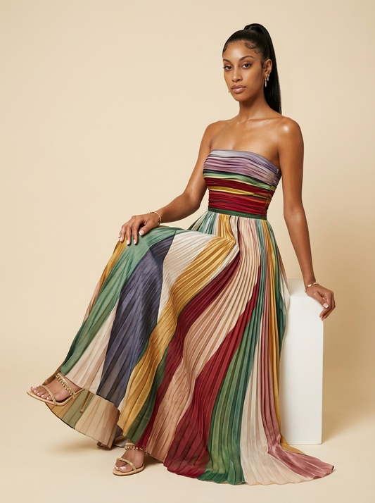 Selene Striped Pleated Strapless Maxi Dress
